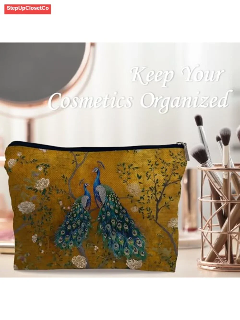 Vintage Chinoiserie Peacock Cosmetic Bag, Zipper Makeup Pouch, Travel Toiletry